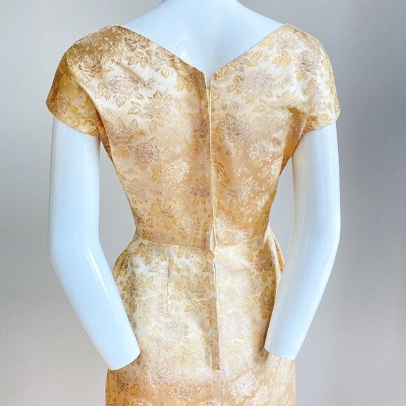 Vintage 50s 60s Gold Brocade Floral Short Sleeve Dress S - Picture 7 of 8